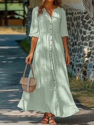 Women’s Midi Dress – Relaxed Fit – Button Front – Half Sleeve – Breathable Blend