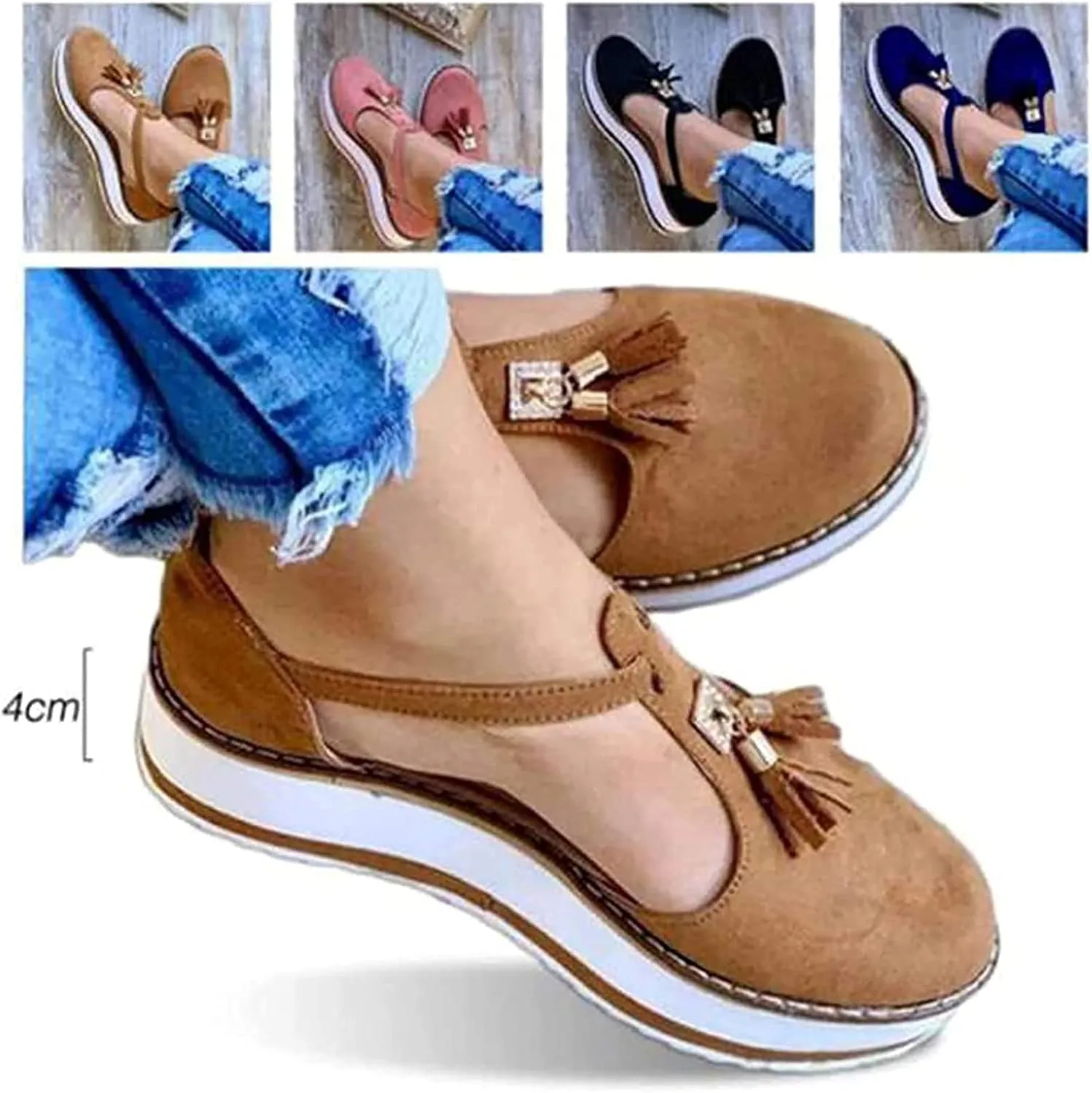 Women's Platform Sandals Espadrille Fashion Tassel Round Toe Hollow Out T-Strap Wedge Sandals Buckle Ankle Strap Casual Closed Toe Beach Sneakers Shoes,Red,36