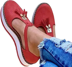 Women's Platform Sandals Espadrille Fashion Tassel Round Toe Hollow Out T-Strap Wedge Sandals Buckle Ankle Strap Casual Closed Toe Beach Sneakers Shoes,Red,36