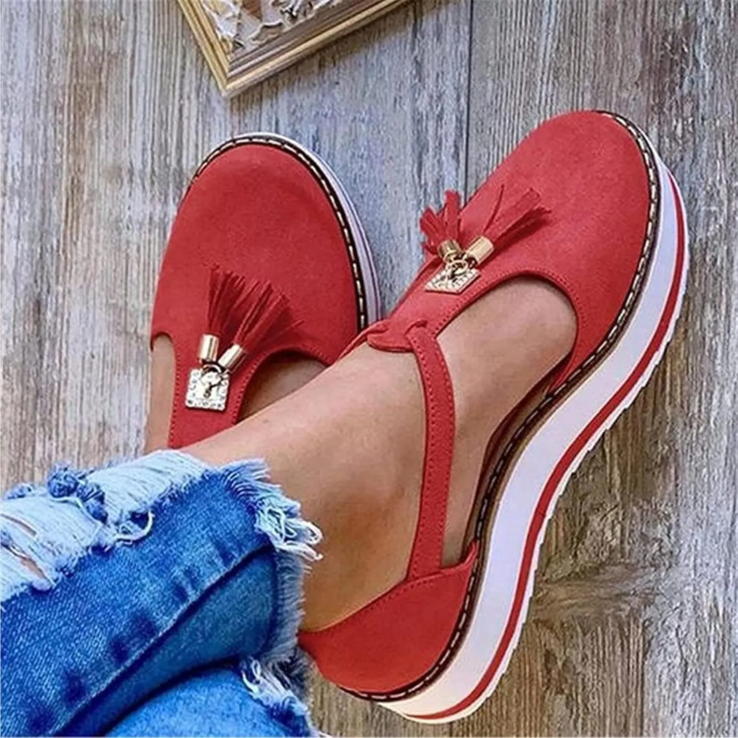 Women's Platform Sandals Espadrille Fashion Tassel Round Toe Hollow Out T-Strap Wedge Sandals Buckle Ankle Strap Casual Closed Toe Beach Sneakers Shoes,Red,36