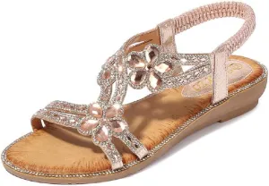Women's T-Strap Beaded Flower Rhinestone Flat Sandals Dress Beach Shoes