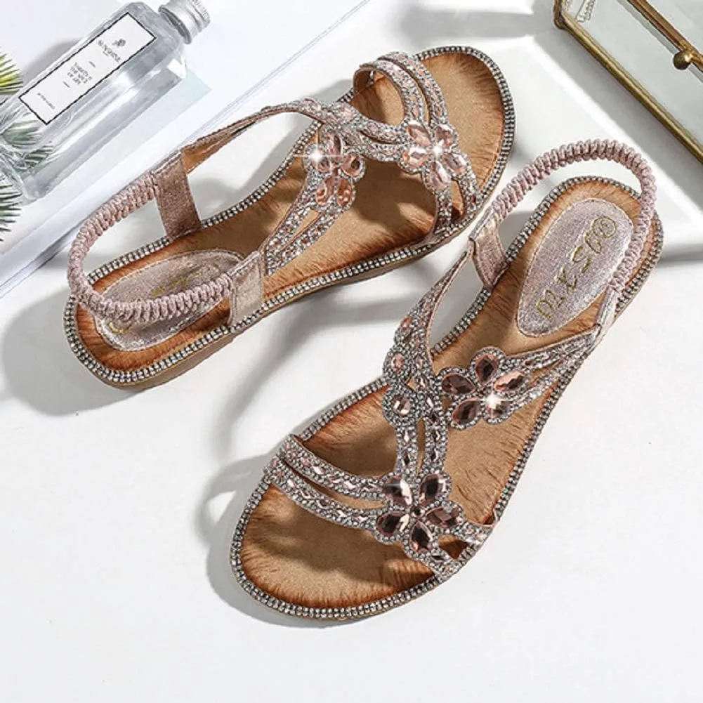 Women's T-Strap Beaded Flower Rhinestone Flat Sandals Dress Beach Shoes