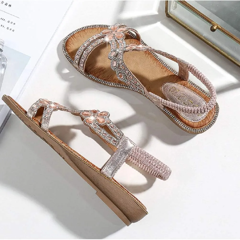 Women's T-Strap Beaded Flower Rhinestone Flat Sandals Dress Beach Shoes