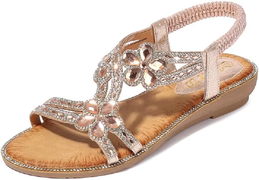 Women's T-Strap Beaded Flower Rhinestone Flat Sandals Dress Beach Shoes