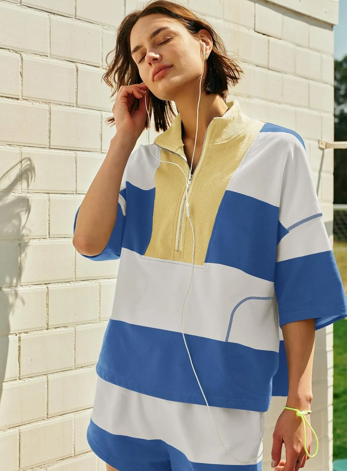 Yanekop Womens 2 Piece Outfits Summer Striped Workout Set Oversized Matching Lounge Sets Quarter Zip Shirt and Shorts