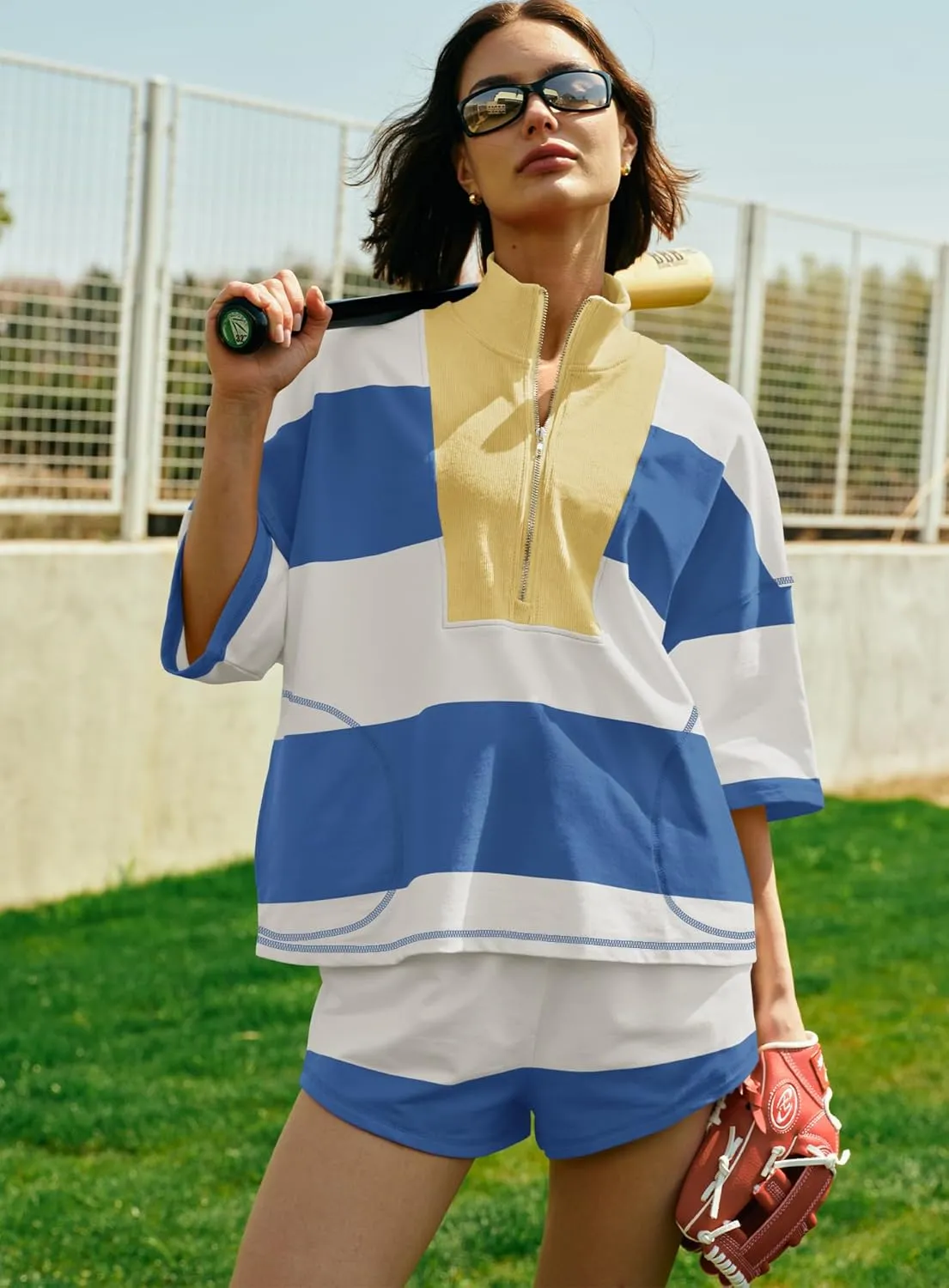 Yanekop Womens 2 Piece Outfits Summer Striped Workout Set Oversized Matching Lounge Sets Quarter Zip Shirt and Shorts