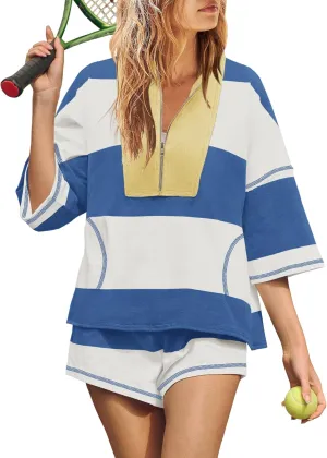 Yanekop Womens 2 Piece Outfits Summer Striped Workout Set Oversized Matching Lounge Sets Quarter Zip Shirt and Shorts