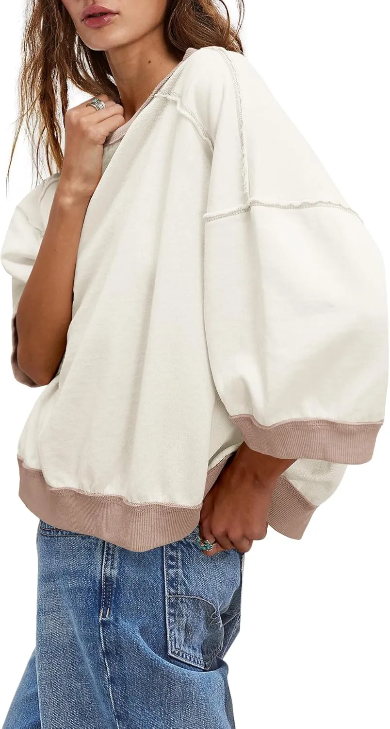 Yanekop Womens Crewneck Short Sleeve Sweatshirt 3/4 Sleeve Tops Color Block Oversized Sweatshirt Summer Shirts