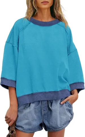 Yanekop Womens Crewneck Short Sleeve Sweatshirt 3/4 Sleeve Tops Color Block Oversized Sweatshirt Summer Shirts
