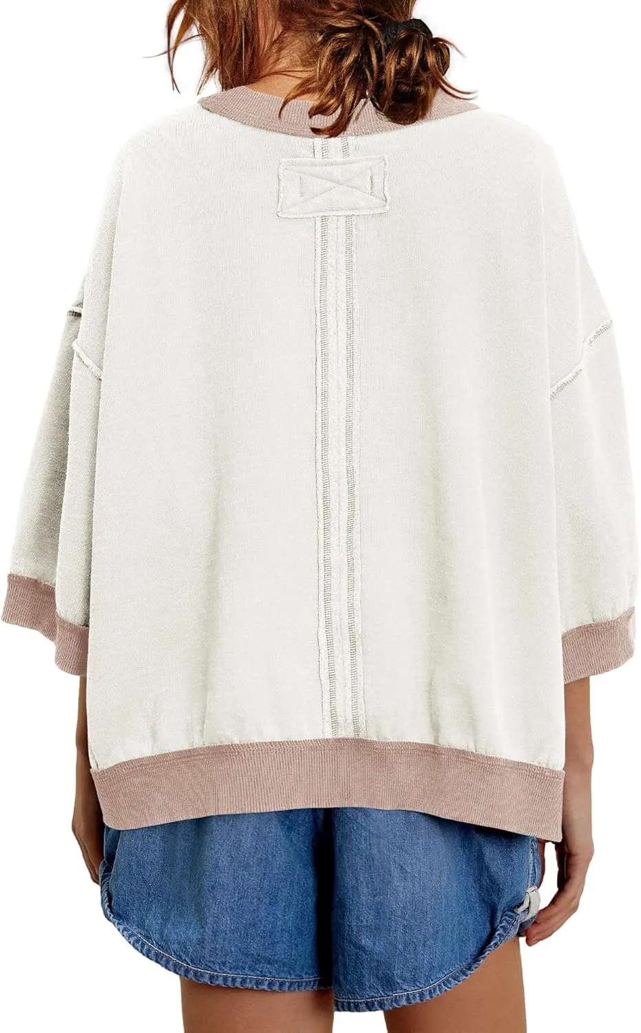 Yanekop Womens Crewneck Short Sleeve Sweatshirt 3/4 Sleeve Tops Color Block Oversized Sweatshirt Summer Shirts