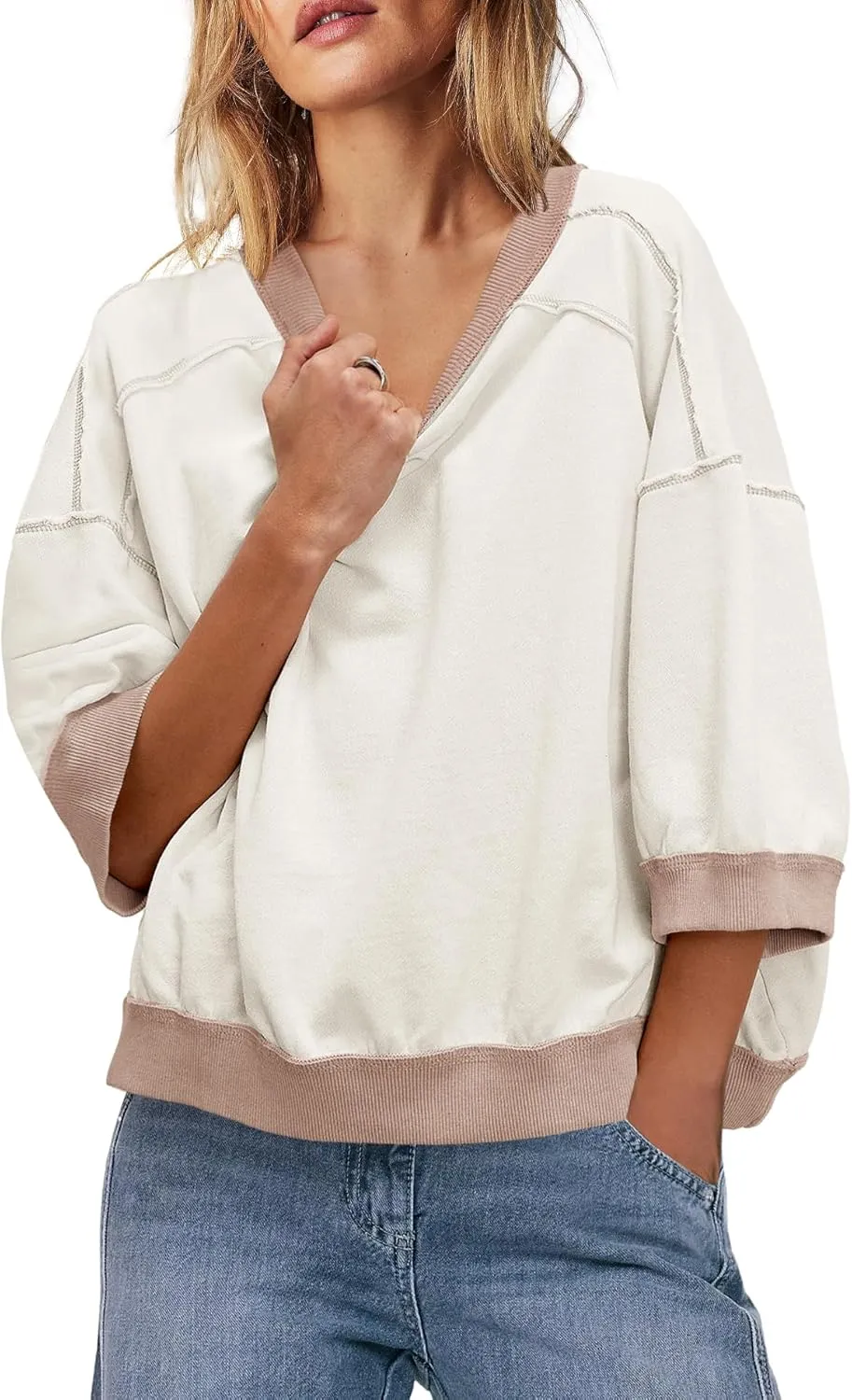 Yanekop Womens Crewneck Short Sleeve Sweatshirt 3/4 Sleeve Tops Color Block Oversized Sweatshirt Summer Shirts