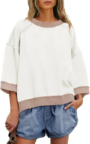 Yanekop Womens Crewneck Short Sleeve Sweatshirt 3/4 Sleeve Tops Color Block Oversized Sweatshirt Summer Shirts