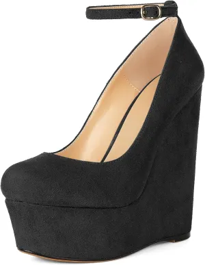 YODEKS Wedges for Women Closed Round Toe Ankle Strap Platform High Heel Wedge Pumps 6 Inches Dress Shoes