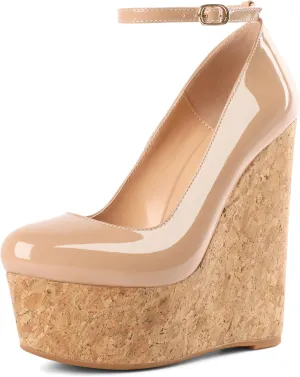 YODEKS Wedges for Women Closed Round Toe Ankle Strap Platform High Heel Wedge Pumps 6 Inches Dress Shoes