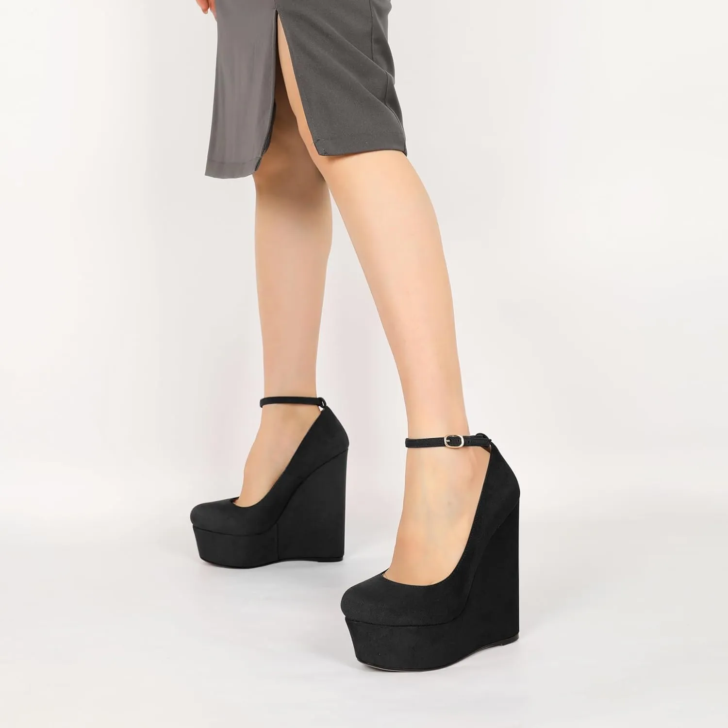 YODEKS Wedges for Women Closed Round Toe Ankle Strap Platform High Heel Wedge Pumps 6 Inches Dress Shoes