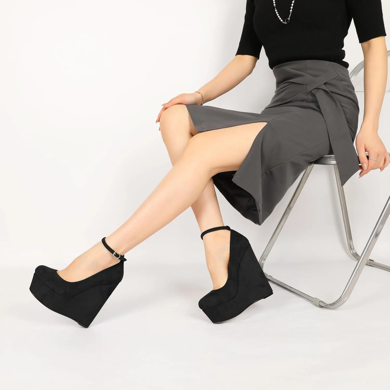 YODEKS Wedges for Women Closed Round Toe Ankle Strap Platform High Heel Wedge Pumps 6 Inches Dress Shoes