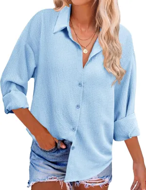 Zeagoo Womens Cotton Button Down Shirts Long Sleeve V Neck Collared Tops Work Office Blouse Shirt 2025 S-XXL