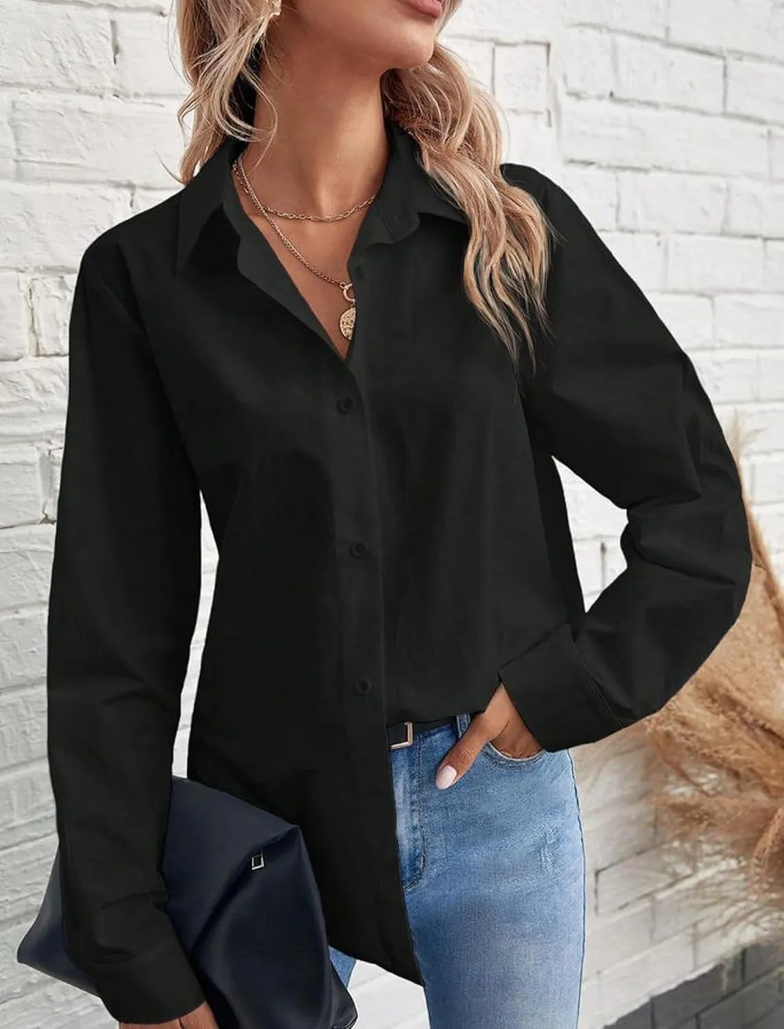 Zeagoo Womens Cotton Button Down Shirts Long Sleeve V Neck Collared Tops Work Office Blouse Shirt 2025 S-XXL