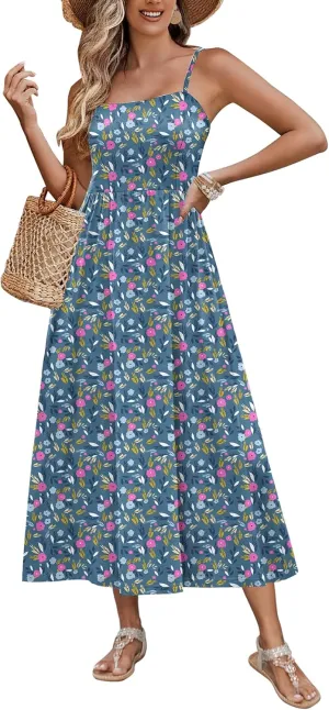 Zeagoo Women's Summer Casual Boho Sundress Spaghetti Strap Square Neck Flowy Midi Dresses A Line Beach Dress with Pockets