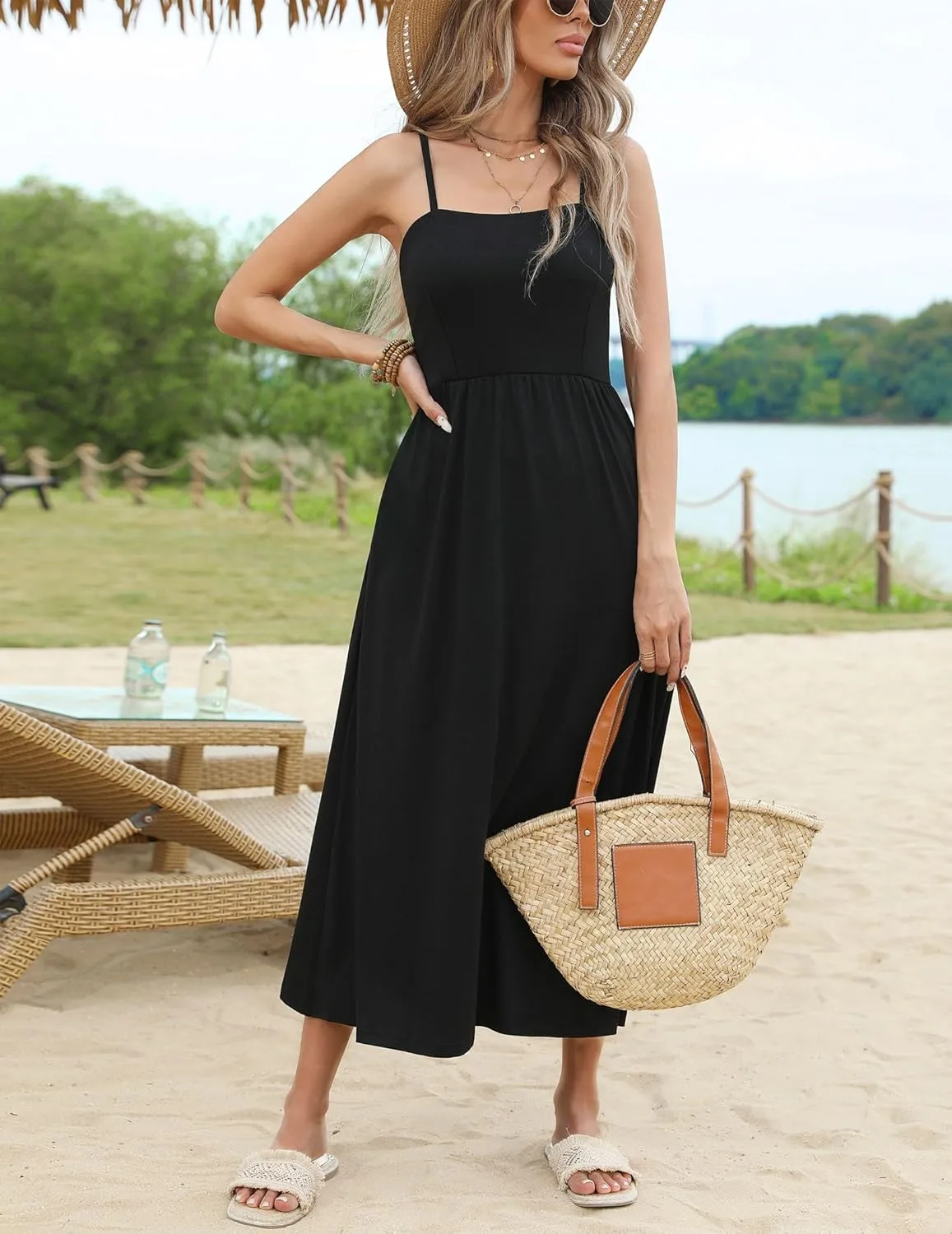 Zeagoo Women's Summer Casual Boho Sundress Spaghetti Strap Square Neck Flowy Midi Dresses A Line Beach Dress with Pockets