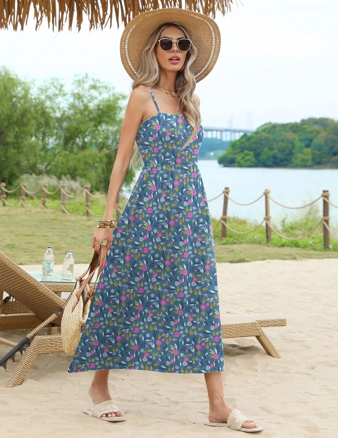 Zeagoo Women's Summer Casual Boho Sundress Spaghetti Strap Square Neck Flowy Midi Dresses A Line Beach Dress with Pockets