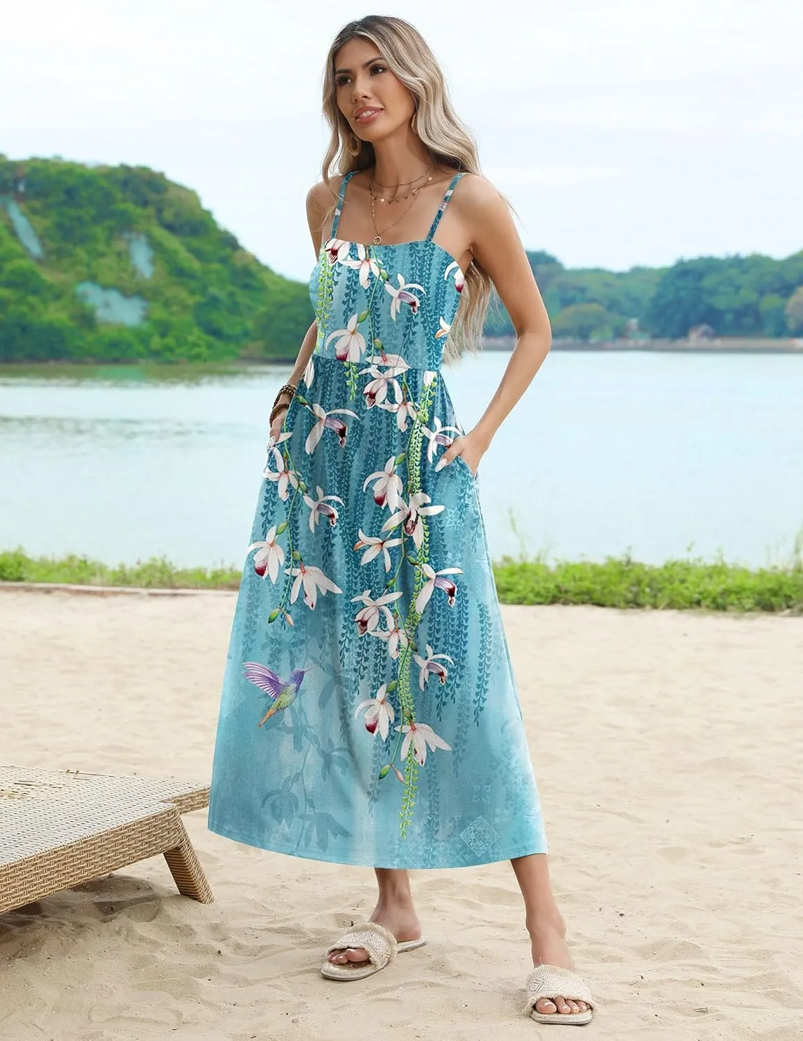 Zeagoo Women's Summer Casual Boho Sundress Spaghetti Strap Square Neck Flowy Midi Dresses A Line Beach Dress with Pockets