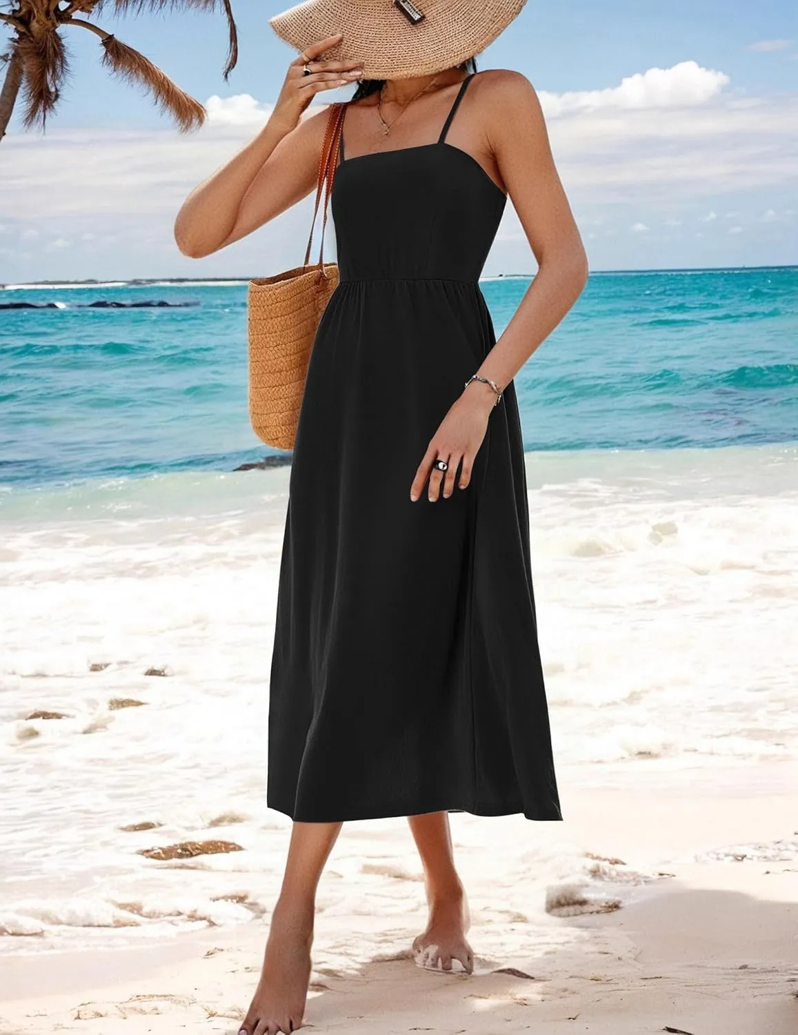 Zeagoo Women's Summer Casual Boho Sundress Spaghetti Strap Square Neck Flowy Midi Dresses A Line Beach Dress with Pockets