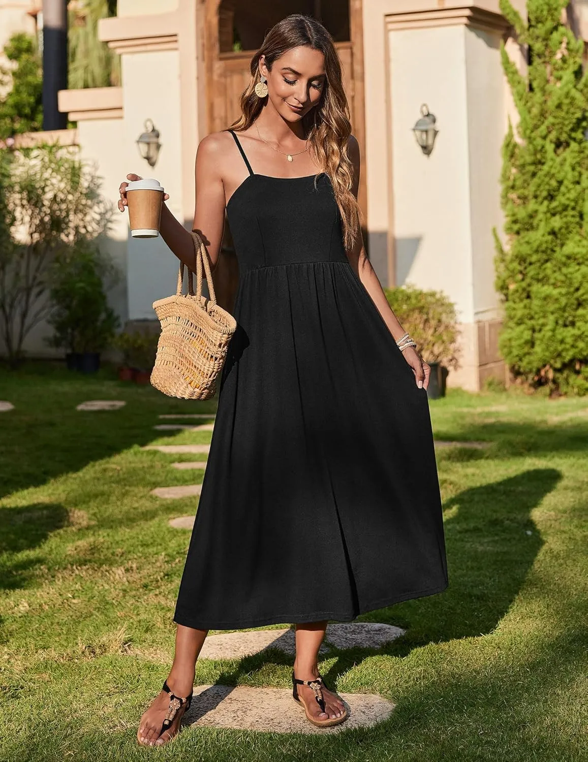 Zeagoo Women's Summer Casual Boho Sundress Spaghetti Strap Square Neck Flowy Midi Dresses A Line Beach Dress with Pockets