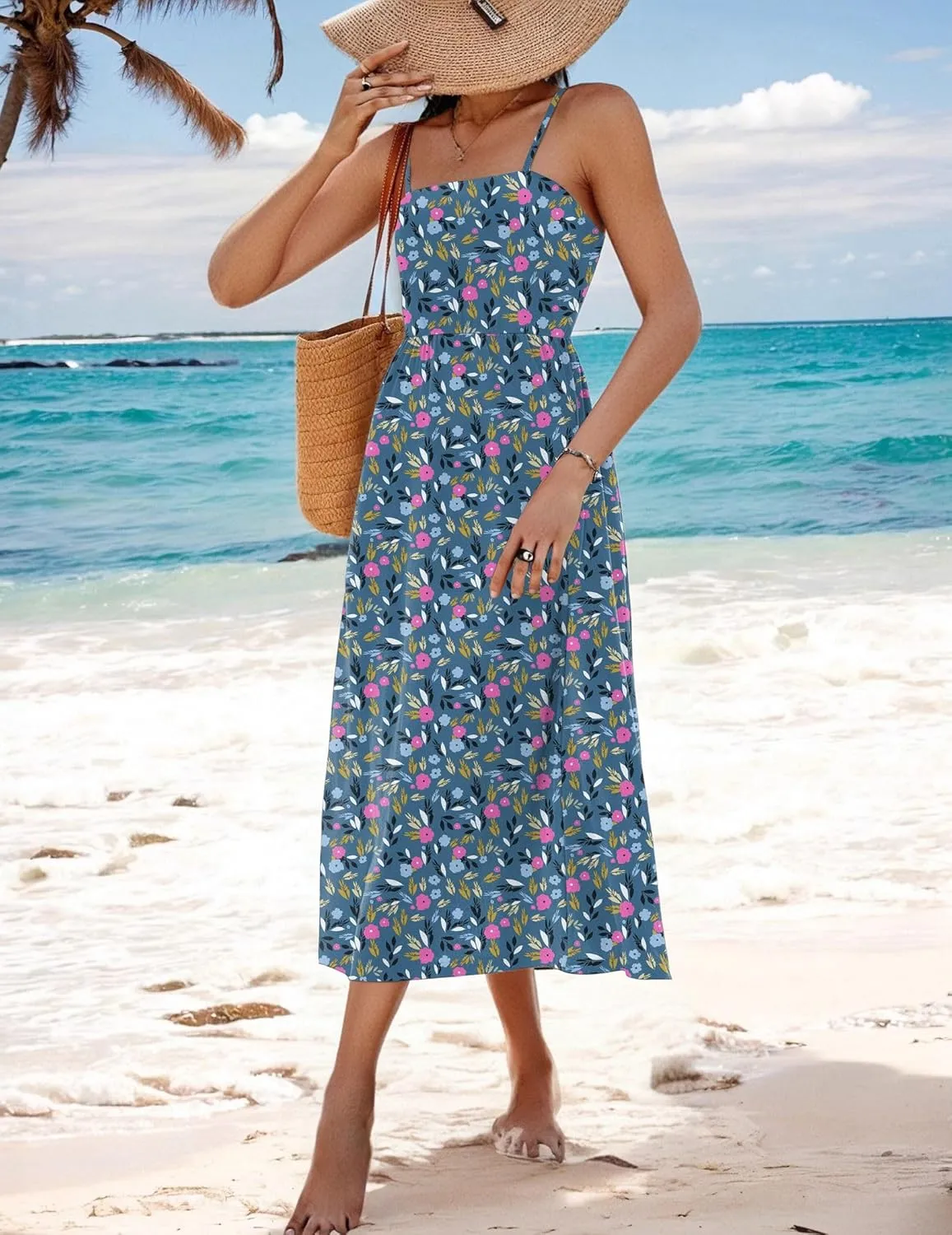 Zeagoo Women's Summer Casual Boho Sundress Spaghetti Strap Square Neck Flowy Midi Dresses A Line Beach Dress with Pockets
