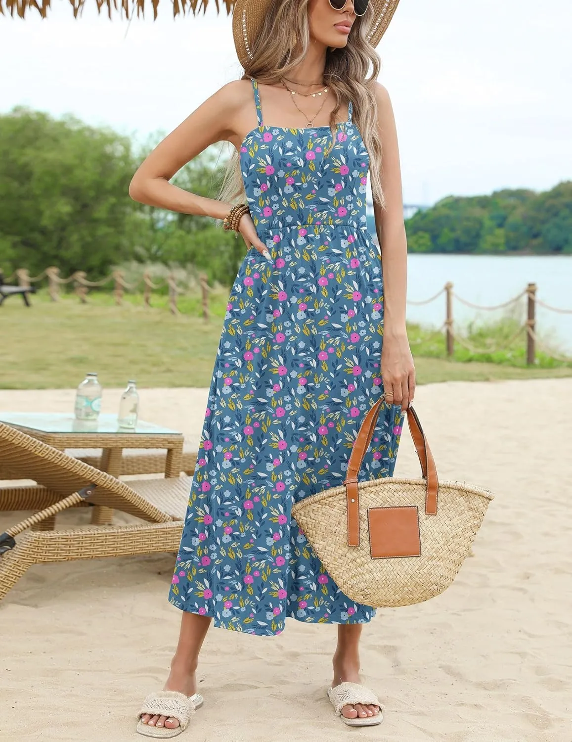 Zeagoo Women's Summer Casual Boho Sundress Spaghetti Strap Square Neck Flowy Midi Dresses A Line Beach Dress with Pockets