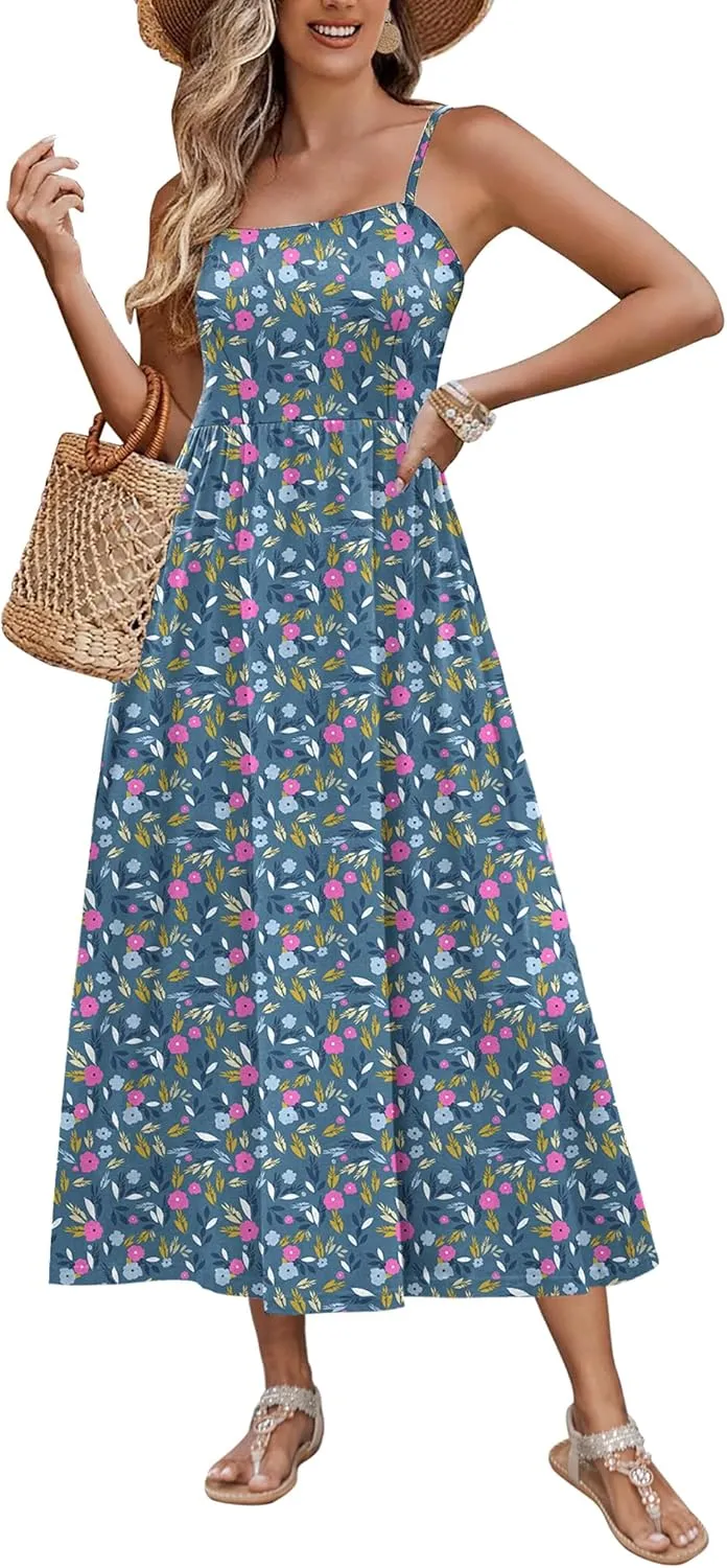 Zeagoo Women's Summer Casual Boho Sundress Spaghetti Strap Square Neck Flowy Midi Dresses A Line Beach Dress with Pockets