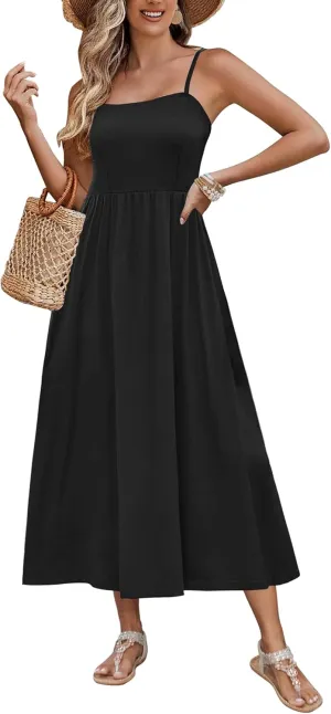 Zeagoo Women's Summer Casual Boho Sundress Spaghetti Strap Square Neck Flowy Midi Dresses A Line Beach Dress with Pockets