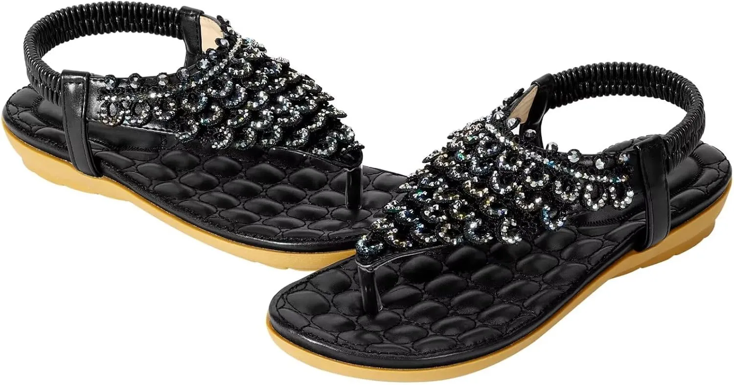 ZriEy Women's Open Toe Flat Sandals Dress Summer Sandals Non Slip Beach Sandal Shoes Elastic Ankle Strap Cute Comfortable Bohemia Flat Heel for Women